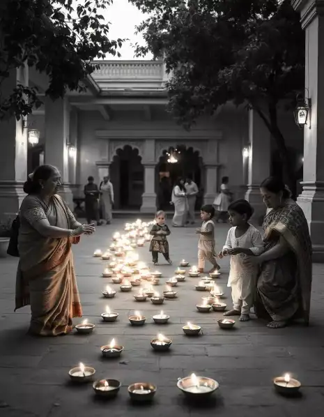 Family celebrating Diwali in a traditional courtyard decorated with rows of oil diyas | Traditional Diwali Courtyard Decoration with Oil Diyas | Traditional Diwali Setup | Decorations Guru