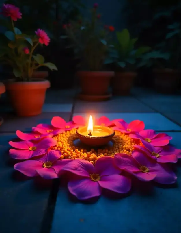 Diwali diya surrounded by colorful flower petals in a rangoli design | Diya with Floral Rangoli Decoration for Diwali | Traditional Indian Decor | Decorations Guru