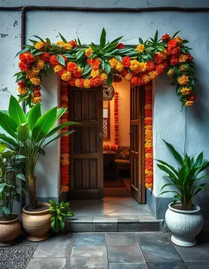 Door decorated with marigold flower garlands and green leaves for Diwali | Traditional Marigold Flower Door Decoration for Diwali | Traditional Indian Festival Decorations | Decorations Guru