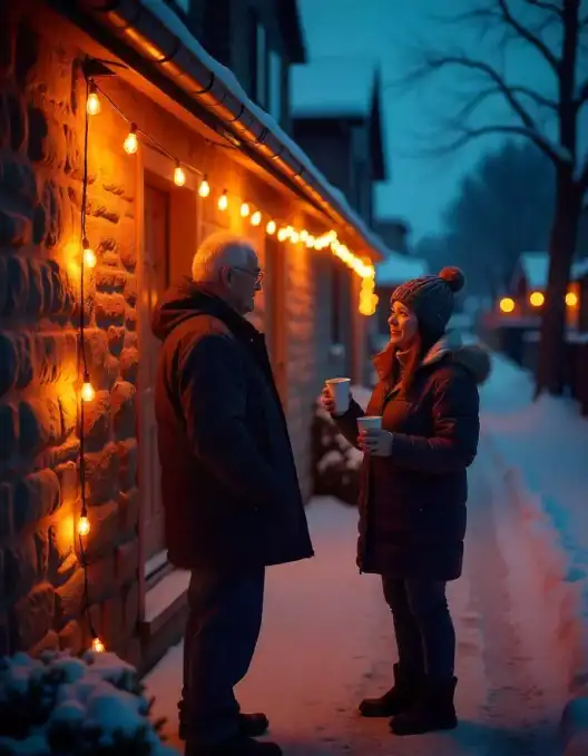 Warm festive string lights on a snowy winter evening with two people chatting outdoors | Winter Evening Festive Lighting | Winter Festival Lighting | Decorations Guru